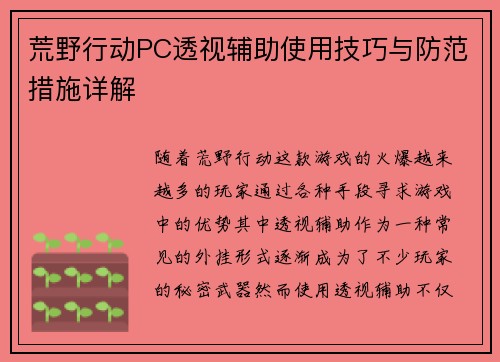 荒野行动PC透视辅助使用技巧与防范措施详解