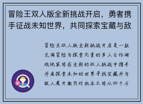 冒险王双人版全新挑战开启，勇者携手征战未知世界，共同探索宝藏与敌人