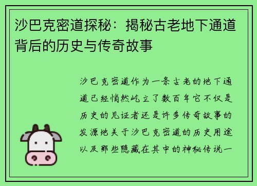 沙巴克密道探秘：揭秘古老地下通道背后的历史与传奇故事
